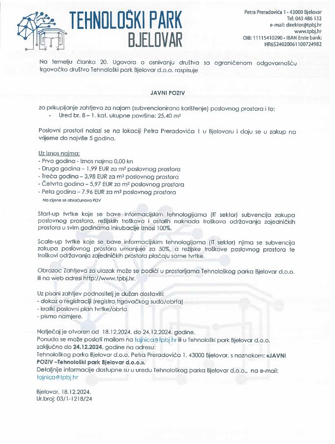 JAVNI POZIV ZA PRIKUPLJANJE ZAHTJEVA ZA NAJAM (SUBVENCIONIRANO KORIŠTENJE) POSLOVNIH PROSTORA 25.40m2
