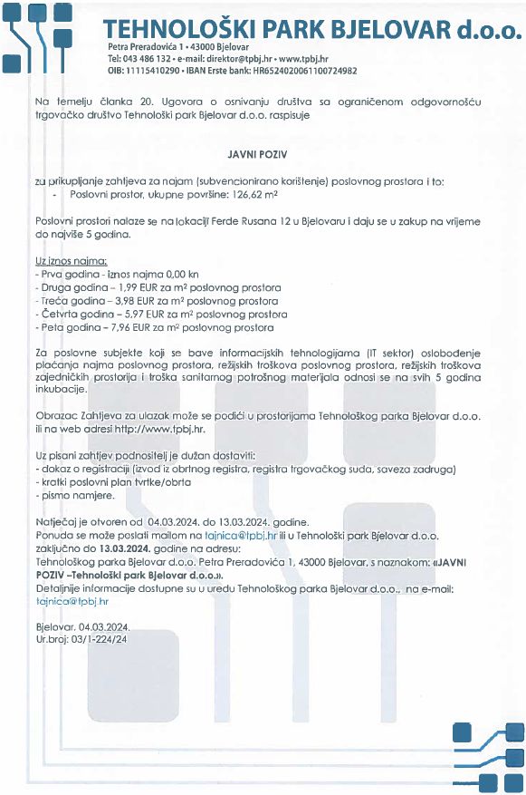 JAVNI POZIV ZA PRIKUPLJANJE ZAHTJEVA ZA NAJAM (SUBVENCIONIRANO KORIŠTENJE) POSLOVNIH PROSTORA 126.62m2