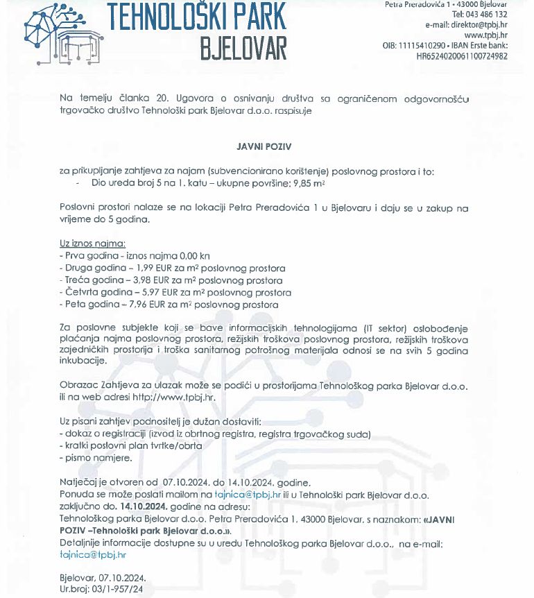 JAVNI POZIV ZA PRIKUPLJANJE ZAHTJEVA ZA NAJAM (SUBVENCIONIRANO KORIŠTENJE) POSLOVNIH PROSTORA 9.85m2