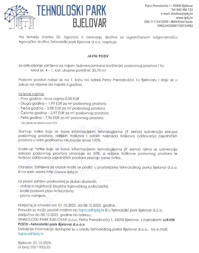 JAVNI POZIV ZA PRIKUPLJANJE ZAHTJEVA ZA NAJAM (SUBVENCIONIRANO KORIŠTENJE) POSLOVNIH PROSTORA 33.70m2