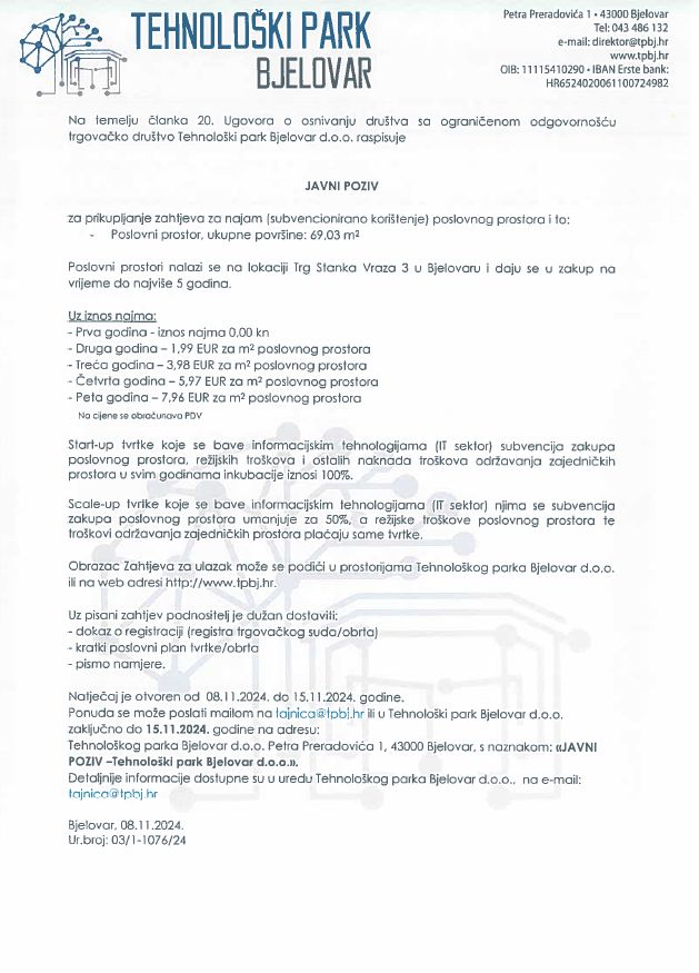 JAVNI POZIV ZA PRIKUPLJANJE ZAHTJEVA ZA NAJAM (SUBVENCIONIRANO KORIŠTENJE) POSLOVNIH PROSTORA 69.03m2